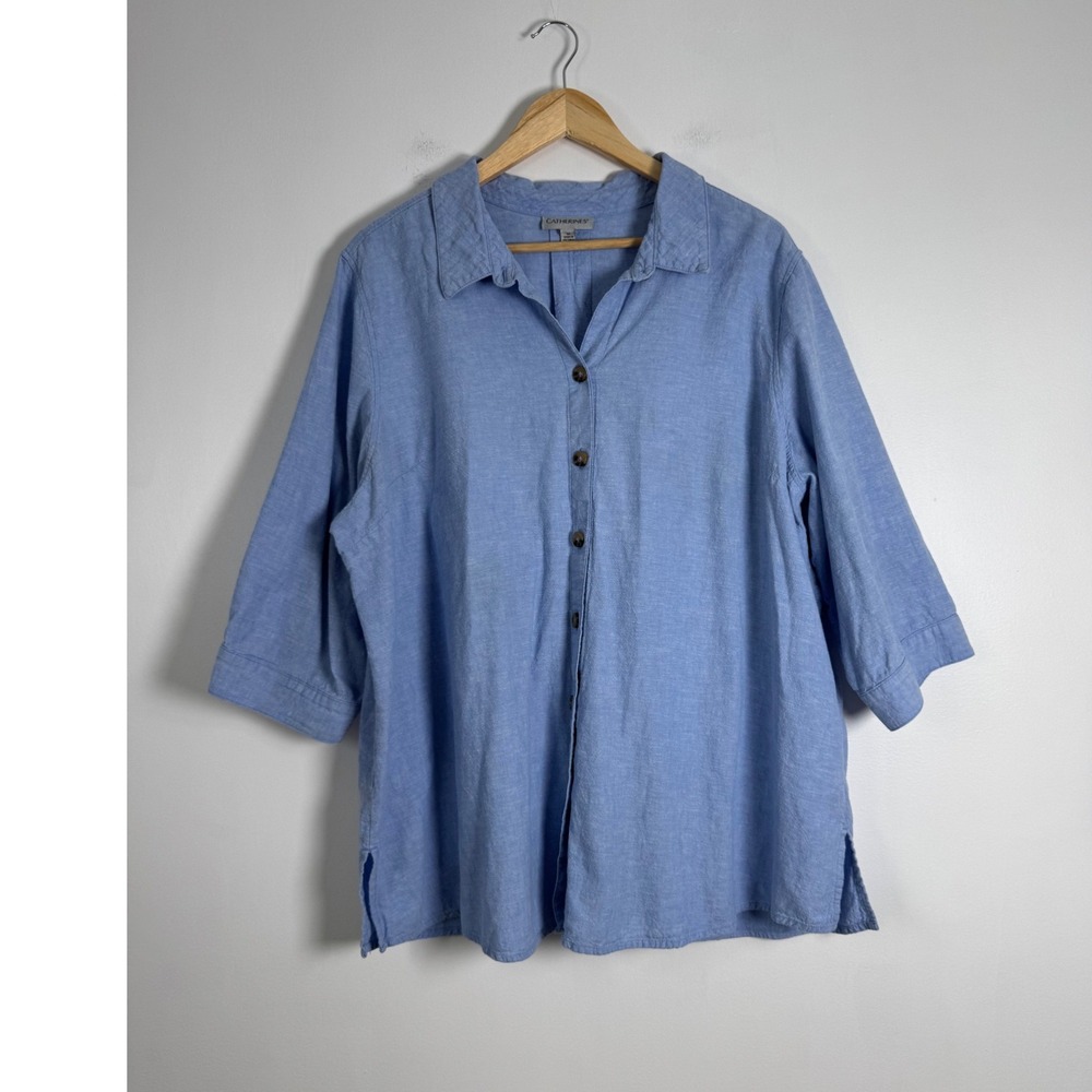 Coastal‎ Catherines Womens 1X Button Down Shirt Blue Linen Cotton 3/4 Sleeve Top